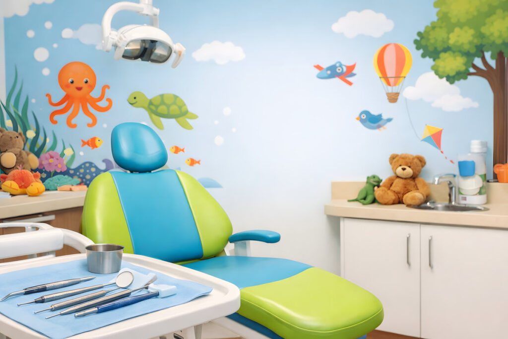 Colorful Pediatric Dentist Office with Child Friendly Dental Chair and Equipment