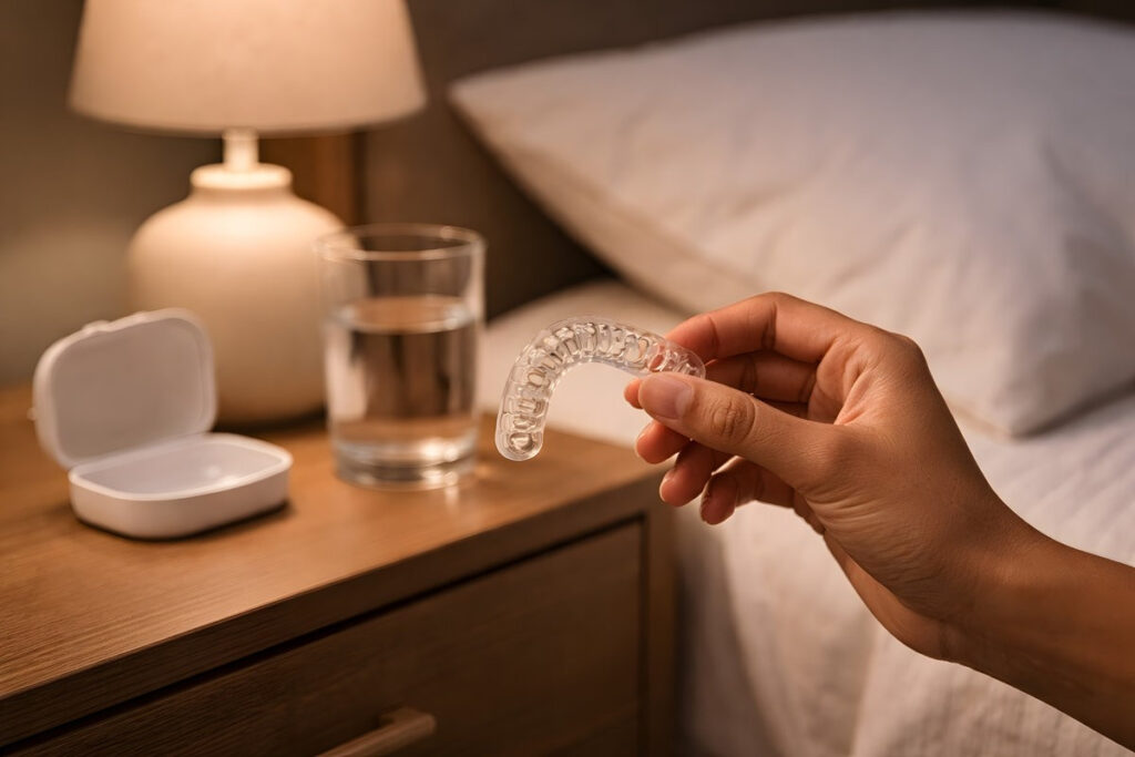 Clear Dental Retainer Nightguard on Bedside Table with Glass of Water – Nighttime Oral Care Routine