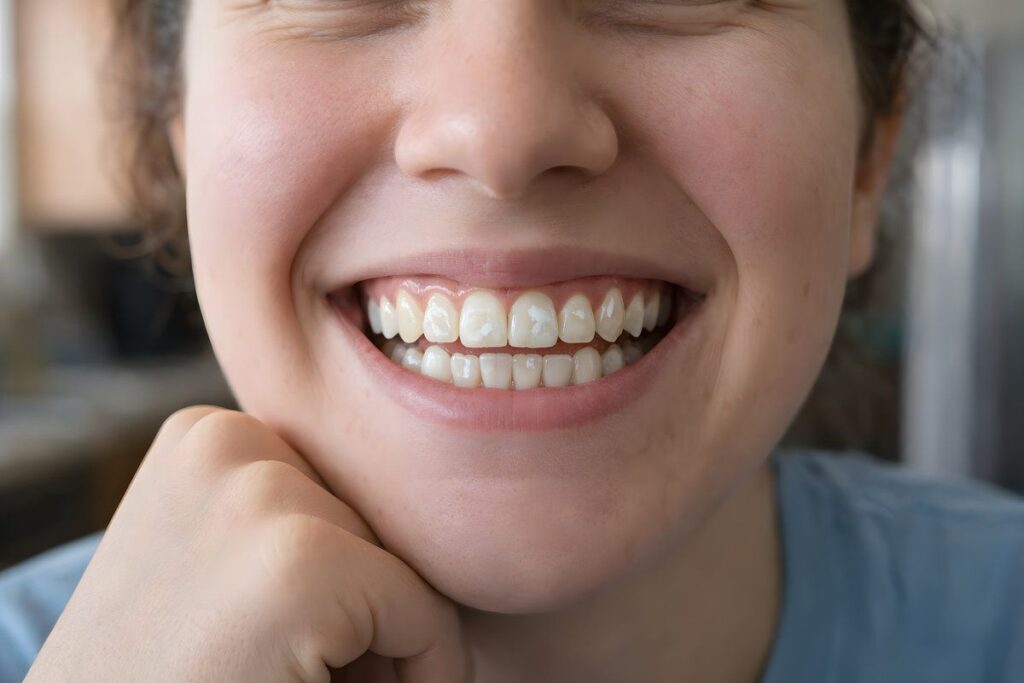 Close Up of White Spot Lesions on Front Teeth and Early Enamel Demineralization