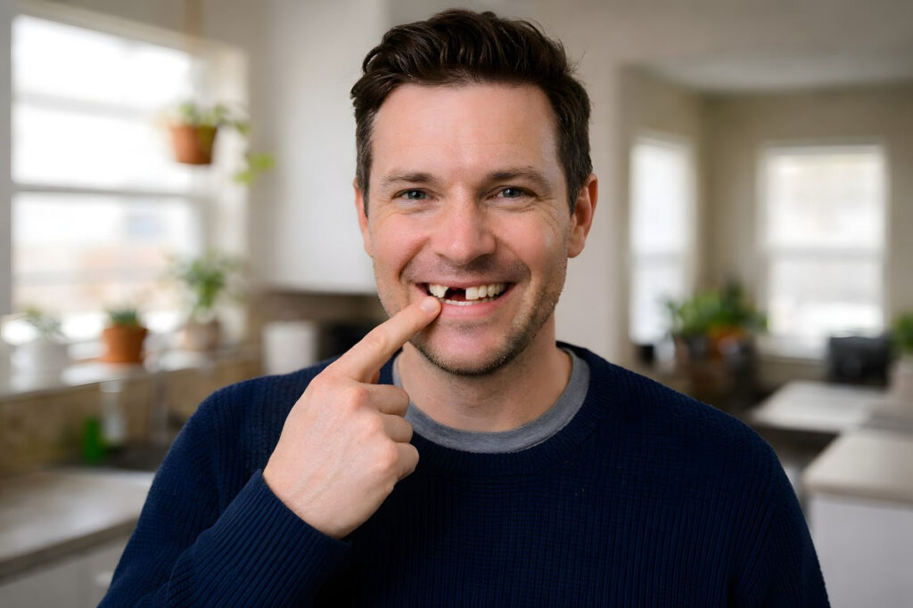 Smiling Man Pointing at Missing Tooth Gap at Home